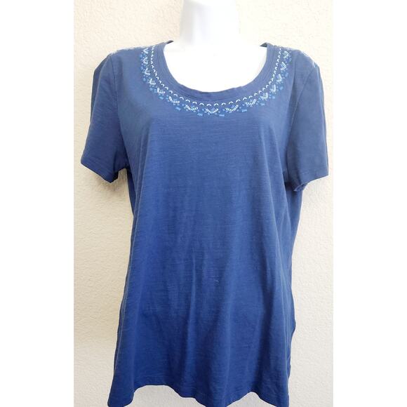 Rebecca Malone Blue Embroidered Bodice Top XL Short Sleeves Lightweight Stretch - Picture 1 of 6